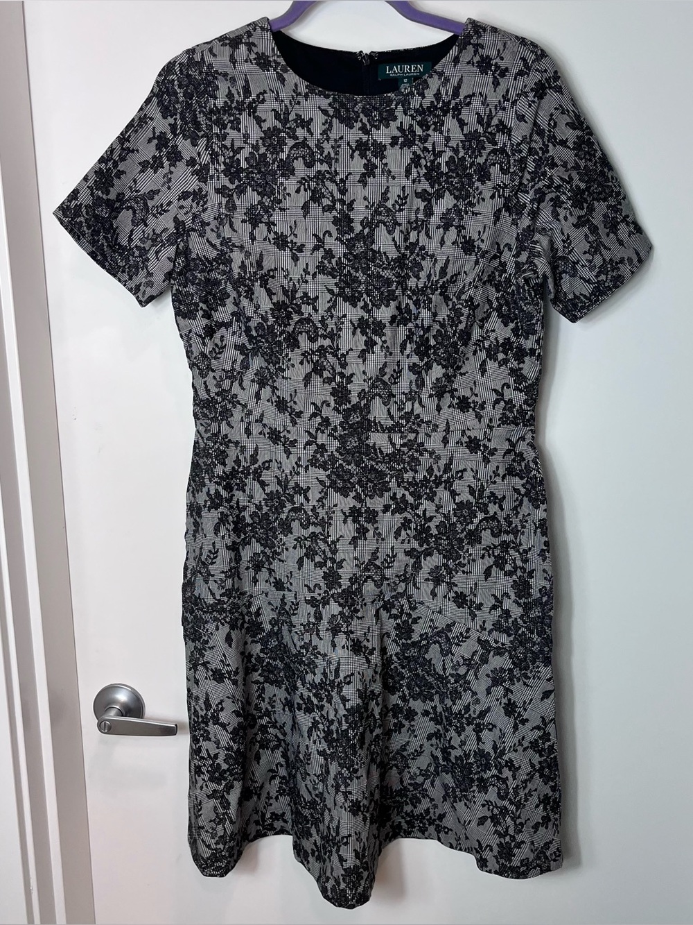 Lauren Ralph Lauren Black Gray Floral Lace Short Sleeve Dress 12 Preppy Goth